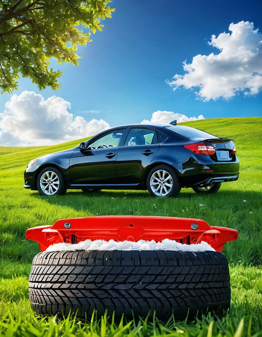 A picturesque scene showcasing a well-maintained car with different seasonal tires displayed around it: winter tires with snowflakes, summer tires under a bright sun, and all-season tires on a vibrant grass background. The car gleams, reflecting the changing weather, symbolizing the concept of driving love throughout the seasons. Include subtle heart shapes in the background made of clouds or leaves. super-realistic. vibrant colors. white background.