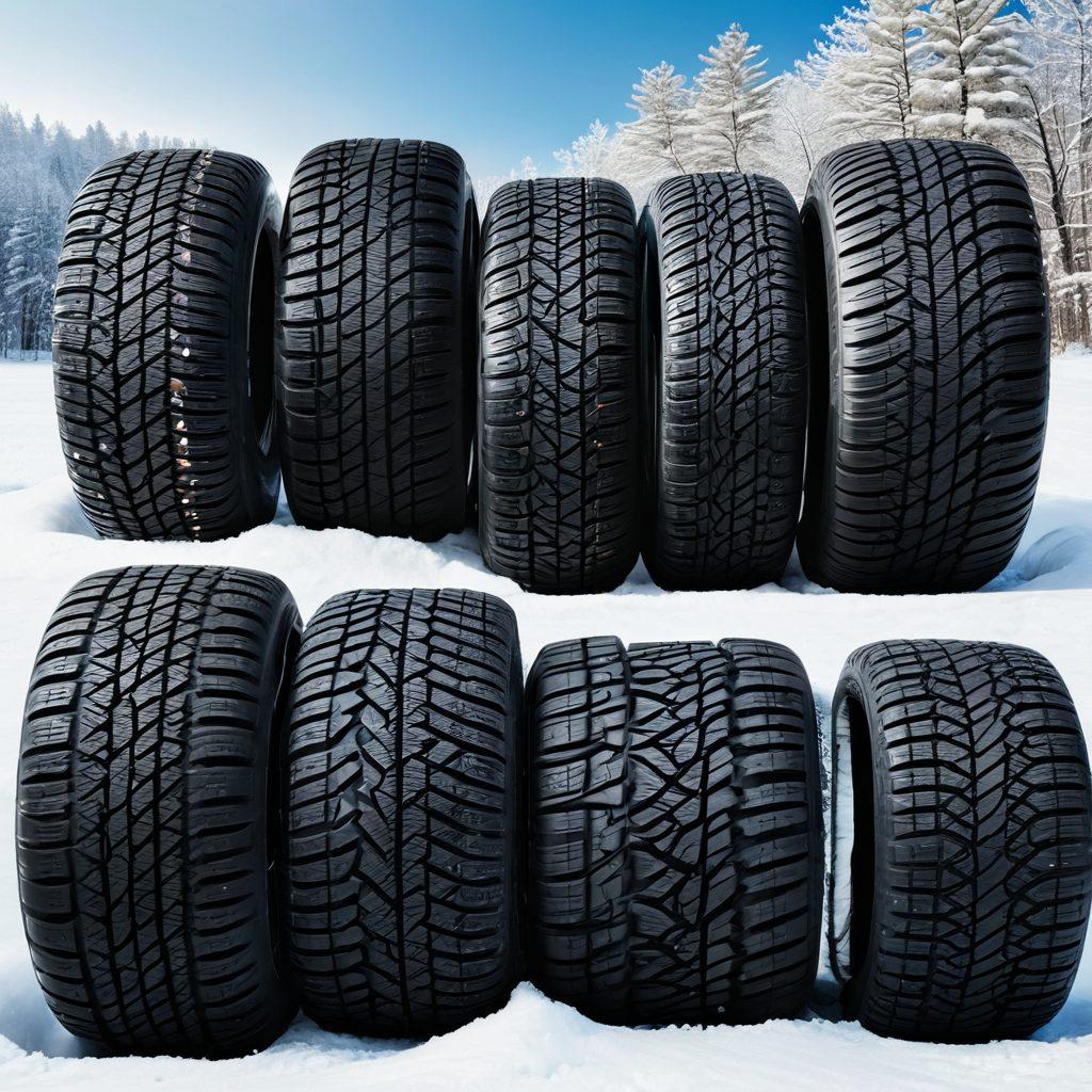 A close-up display of various tire types showcasing their distinct tread patterns, arranged around a vibrant seasonal landscape split between winter and summer conditions. Include visual cues like snow and sun elements, emphasizing performance in different weathers. Overlay text in a stylish font saying 'Expert Tips' in a dynamic way, enhancing the theme of seasonal performance. super-realistic. vibrant colors. white background.