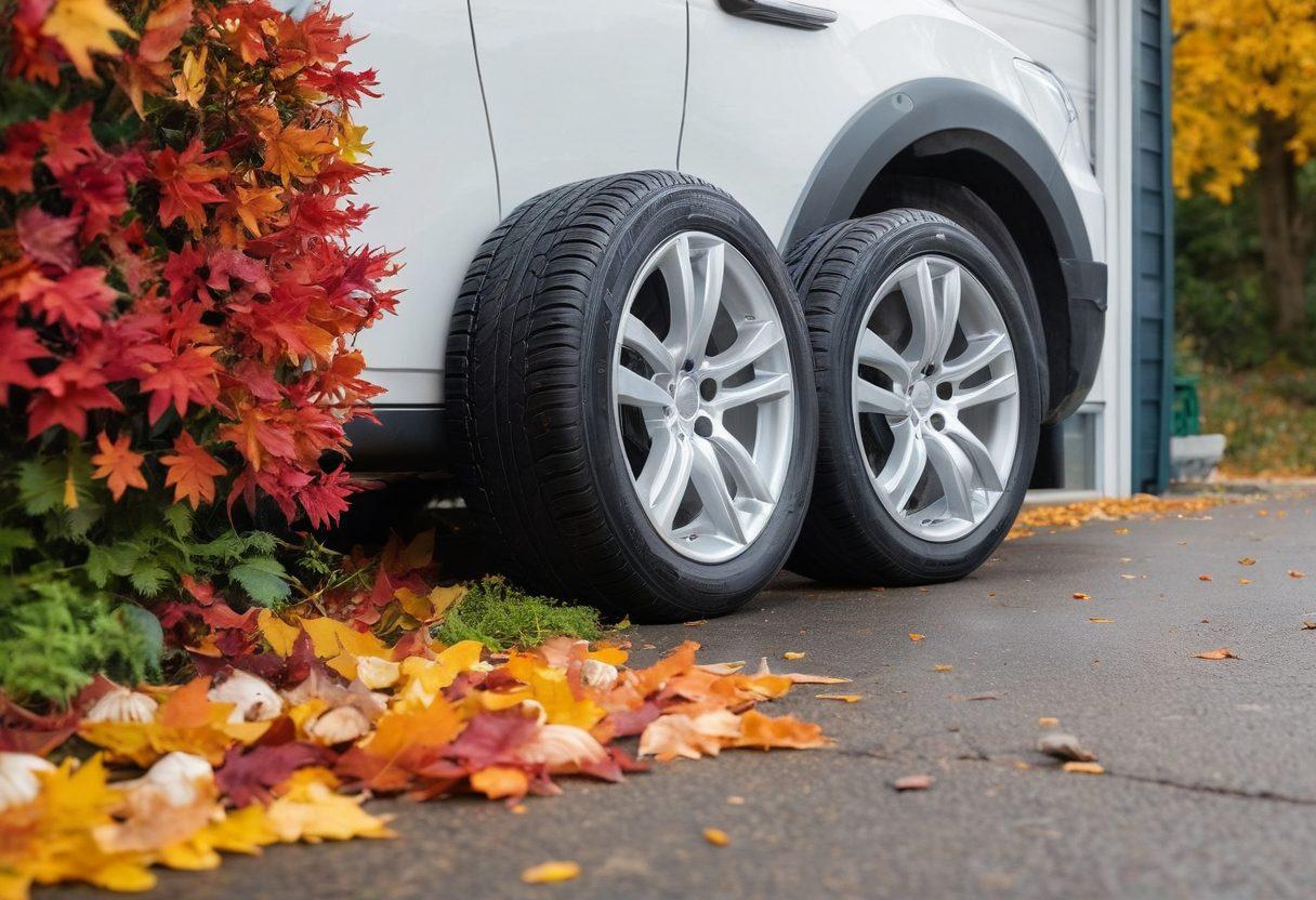 A split image showcasing different seasonal tires on one side with vibrant autumn leaves and fresh spring flowers in the background, and a garage setting on the other side with tools and a car ready for tire change. Include informative labels on the tires highlighting key features: winter, summer, and all-season. The scene should convey a sense of motion towards action, emphasizing preparation for seasonal changes. super-realistic. vibrant colors. white background.